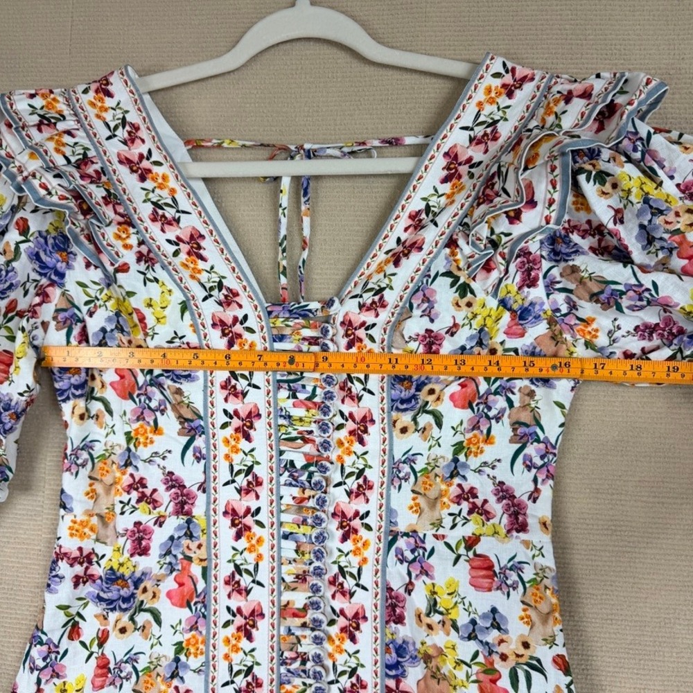 Farm Rio Greek Garden Off-White Topstitched Yoke Mini Dress Floral Womens M - Picture 2 of 13